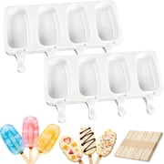 SUSWIM Popsicle Molds Set of 2, Ice Pop Molds Silicone 4 Cavities Ice Cream Oval Cake Pop Mold with 50 Wooden Sticks for DIY Popsicle, Clear White