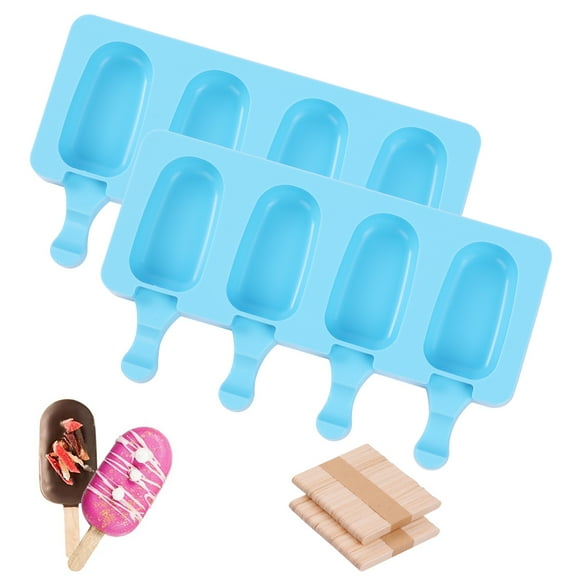 Popsicle Molds (Set of 2), Small Silicone Ice Pop Molds 4 Cavities Oval Homemade Cake Popsicle Maker with 100 Wooden Sticks for DIY Ice Cream Bar