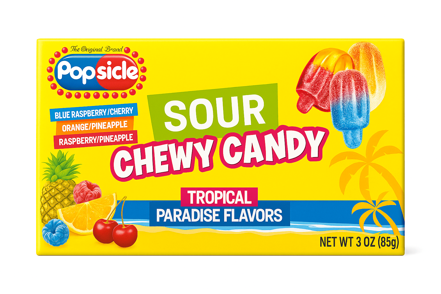 Tropical  3ED 1枚 Popsicle Sour Chewy Candy, Tropical Paradise Flavors, 3 oz Box
