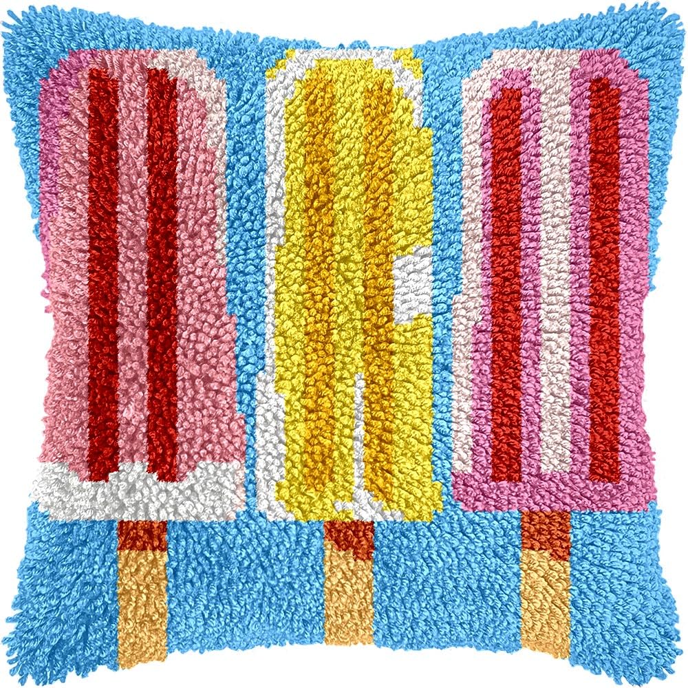 Popsicles Latch Hook Pillow Cover Kits for DIY Handmade Throw Pillow Cross Stitch Latch Hooking Pillowcase Kits with Preprinted Color Pattern Canvas Crochet Yarn Kits 17''X 17''(8-28)