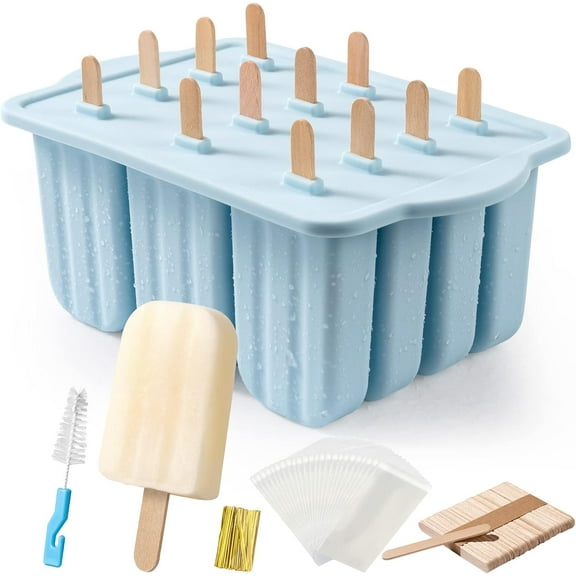 12-Piece Silicone Popsicle Molds Kit, Easy-Release Ice Pop Maker with 50 Wooden Sticks, Brush for DIY Frozen Treats Family, Blue