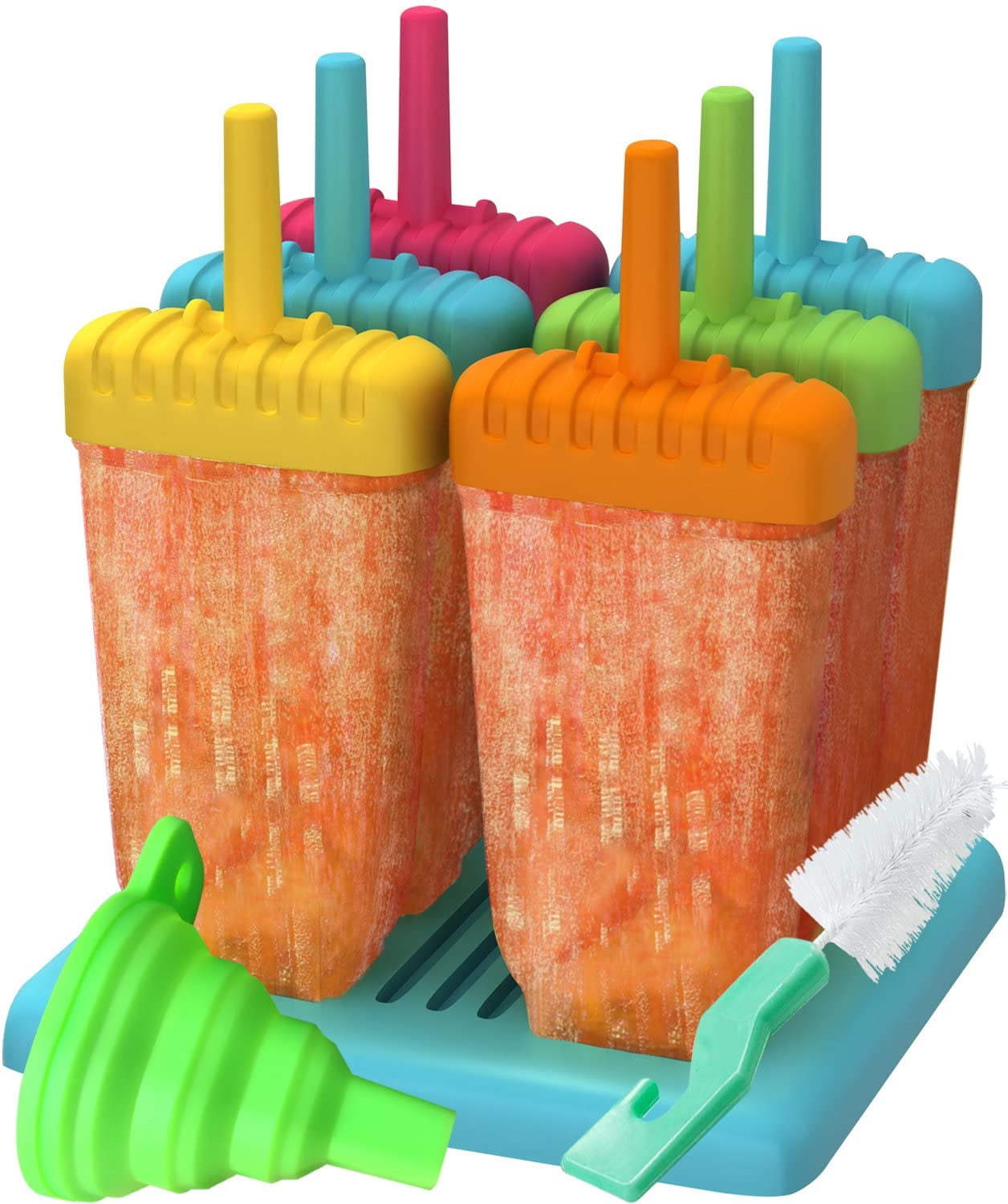 Colorful Reusable Plastic Popsicle Molds with Funnel and Brush