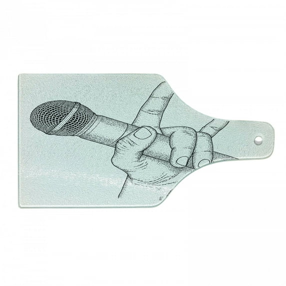 Popstar Party Cutting Board, Hand Drawn High Sign for Rock Music Lovers and Microphone Sketch Art, Tempered Glass Cutting and Serving Board, Wine Bottle Shape, Black and White, by Ambesonne