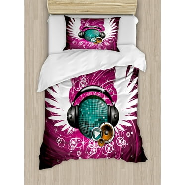 Popstar Party Duvet Cover Set, Disco Ball with Headphones and Angel Wings Vibrant Swirl with Circles, Decorative 2 Piece Bedding Set with 1 Pillow Shams, Twin Size, Magenta Black Teal, by Ambesonne