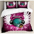 thumbnail image 1 of Popstar Party Duvet Cover Set, Disco Ball with Headphones and Angel Wings Vibrant Swirl with Circles, Decorative 3 Piece Bedding Set with 2 Pillow Shams, Queen Size, Magenta Black Teal, by Ambesonne, 1 of 3