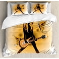 thumbnail image 1 of Popstar Party Duvet Cover Set, Girl Silhouette with Hairstyle and Butterflies Playing Guitar, Decorative 3 Piece Bedding Set with 2 Pillow Shams, Queen Size, Orange Brown Dark Brown, by Ambesonne, 1 of 3