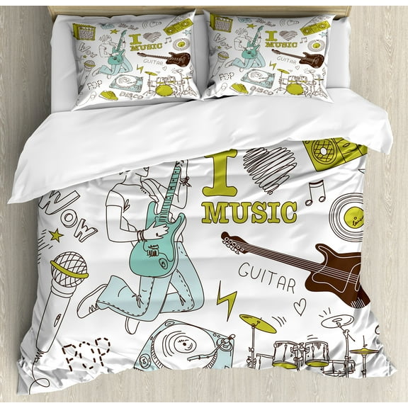 Popstar Party Duvet Cover Set, I Love Music Themed Sketch Composition Instruments Musician Girl, Decorative 3 Piece Bedding Set with 2 Pillow Shams, Queen Size, Khaki Pale Blue Brown, by Ambesonne