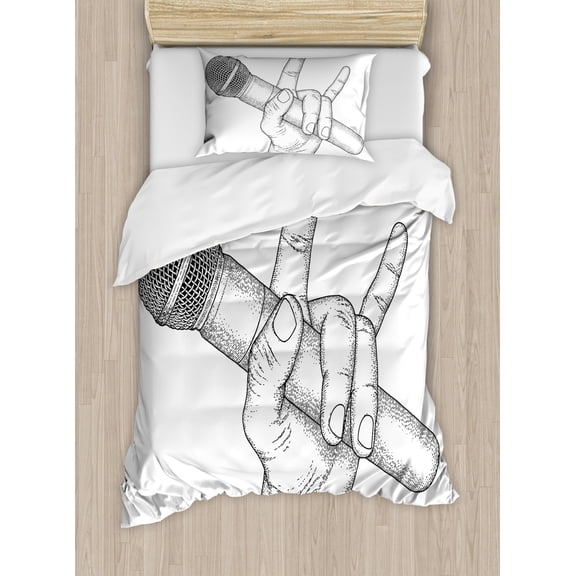Popstar Party Duvet Cover Set Twin Size, Hand Drawn High Sign for Rock Music Lovers and Microphone Sketch Art, Decorative 2 Piece Bedding Set with 1 Pillow Sham, Black and White, by Ambesonne