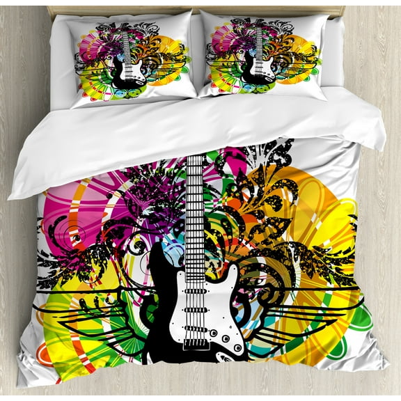 Popstar Party King Size Duvet Cover Set, Abstract Floral Composition with Vibrant Colors Circles and Electric Guitar, Decorative 3 Piece Bedding Set with 2 Pillow Shams, Multicolor, by Ambesonne