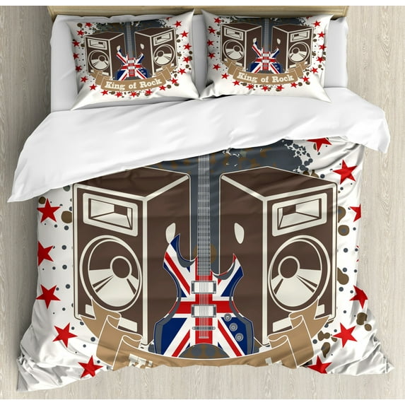 Popstar Party King Size Duvet Cover Set, King Rock Label with Speakers Stars and Electric Guitar with British Flag, Decorative 3 Piece Bedding Set with 2 Pillow Shams, Multicolor, by Ambesonne