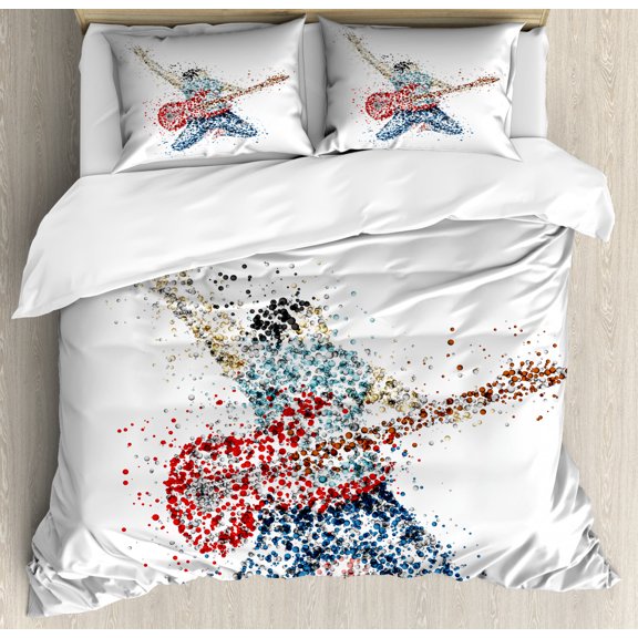 Popstar Party Queen Size Duvet Cover Set, Abstract Guitarist from Circles Colorful Dots Energetic Performer Man Print, Decorative 3 Piece Bedding Set with 2 Pillow Shams, Multicolor, by Ambesonne