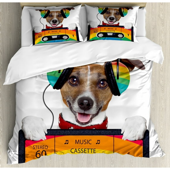 Popstar Party Queen Size Duvet Cover Set, Dog Listening to Music from an Old Cassette of the 80's Colorful Headphones, Decorative 3 Piece Bedding Set with 2 Pillow Shams, Multicolor, by Ambesonne