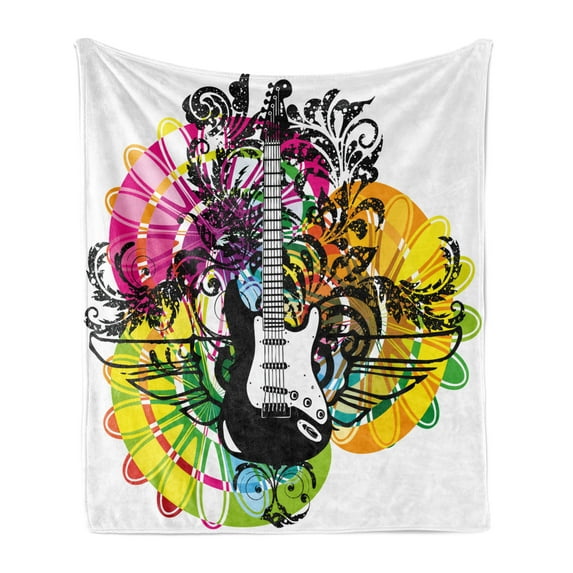 Popstar Party Soft Flannel Fleece Blanket, Abstract Floral Composition with Vibrant Colors Circles and Electric Guitar, Cozy Plush for Indoor and Outdoor Use, 50" x 70", Multicolor, by Ambesonne
