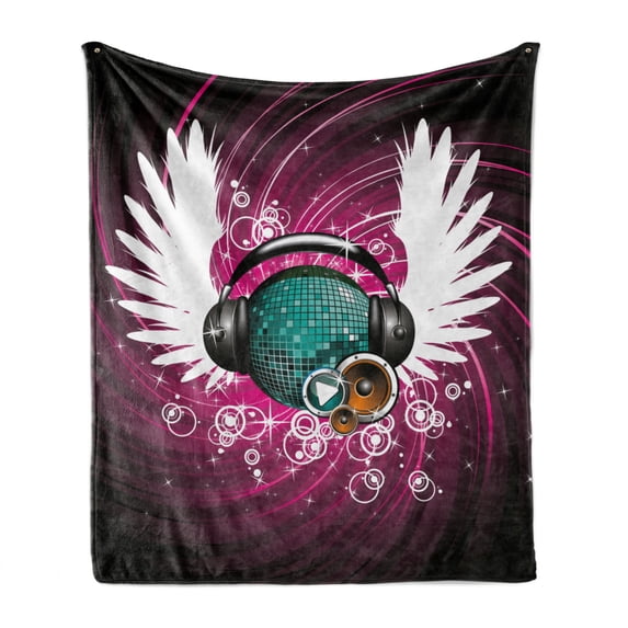 Popstar Party Soft Flannel Fleece Blanket, Disco Ball with Headphones and Angel Wings Vibrant Swirl with Circles, Cozy Plush for Indoor and Outdoor Use, 50" x 70", Magenta Black Teal, by Ambesonne