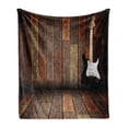 thumbnail image 1 of Popstar Party Soft Flannel Fleece Blanket, Electric Guitar in the Wooden Room Country House Interior Music Theme, Cozy Plush for Indoor and Outdoor Use, 50" x 60", Brown Black White, by Ambesonne, 1 of 6
