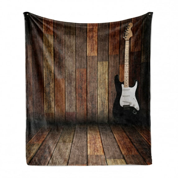 Popstar Party Soft Flannel Fleece Blanket, Electric Guitar in the Wooden Room Country House Interior Music Theme, Cozy Plush for Indoor and Outdoor Use, 50" x 60", Brown Black White, by Ambesonne
