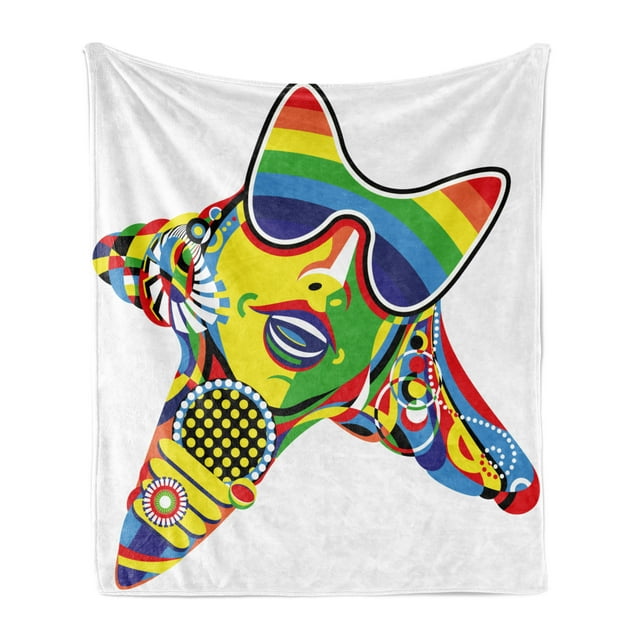 Popstar Party Soft Flannel Fleece Throw Blanket, Abstract Design in Rainbow Colors Art in Shape of Starfish Performer Woman, Cozy Plush for Indoor and Outdoor Use, 70" x 90", Multicolor, by Ambesonne