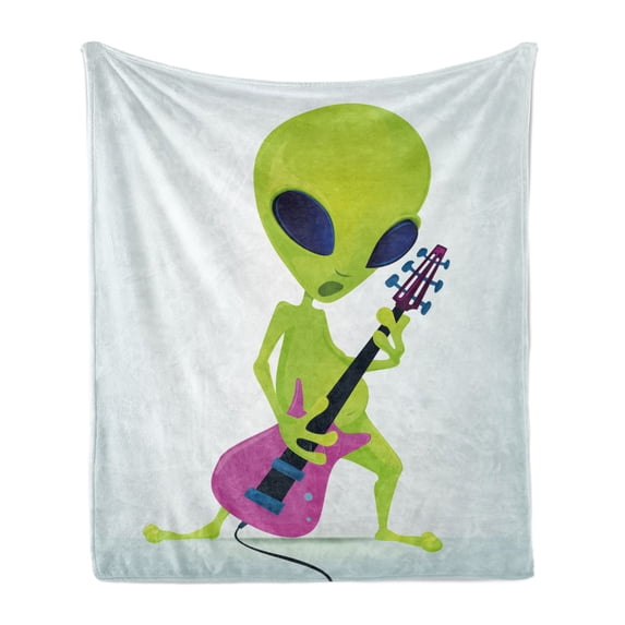 Popstar Party Soft Flannel Fleece Throw Blanket, Cartoon Alien Character Playing Electric Guitar Music Monster, Cozy Plush for Indoor and Outdoor Use, 50" x 70", Apple Green Navy Blue, by Ambesonne