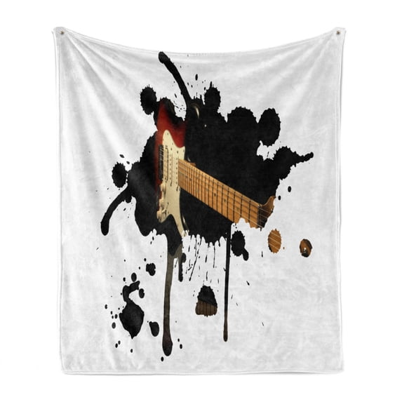 Popstar Party Soft Flannel Fleece Throw Blanket, Electric Guitar Fretboard on Black Grungy Color Splashes Art, Cozy Plush for Indoor and Outdoor Use, 50" x 60", Black Pale Brown Cream, by Ambesonne