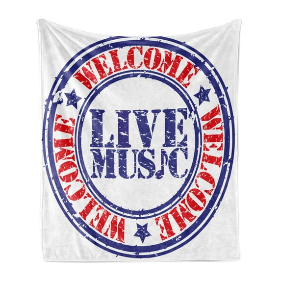 Popstar Party Soft Flannel Fleece Throw Blanket, Grunge Damaged Looking Welcome Live Music Rubber Stamp Festival, Cozy Plush for Indoor and Outdoor Use, 50" x 60", Blue Red White, by Ambesonne