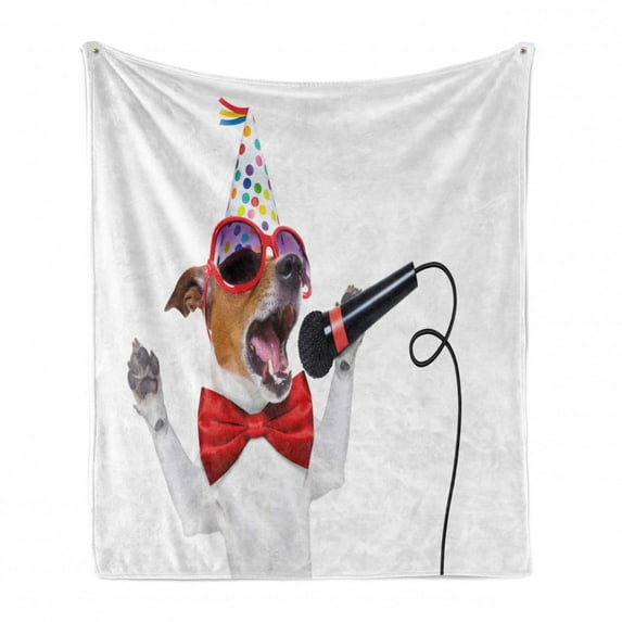 Popstar Party Soft Flannel Fleece Throw Blanket, Jack Russel Dog Sunglasses Crazy Hat and Bowtie Singing Birthday Song, Cozy Plush for Indoor and Outdoor Use, 60" x 80", Multicolor, by Ambesonne