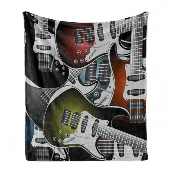 Popstar Party Soft Flannel Fleece Throw Blanket, Pile of Graphic Colorful Electric Guitars Rock Music Stringed Instruments, Cozy Plush for Indoor and Outdoor Use, 50" x 60", Multicolor, by Ambesonne