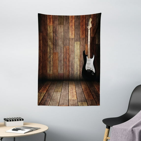 Popstar Party Tapestry, Electric Guitar in the Wooden Room Country House Interior Music Theme, Wall Hanging for Bedroom Living Room Dorm Decor, 40W X 60L Inches, Brown Black White, by Ambesonne