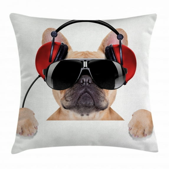 Popstar Party Throw Pillow Cushion Cover, Dj Bulldog with Headphones Listening to Music behind White Banner, Decorative Square Accent Pillow Case, 18 X 18 Inches, Light Brown Black Red, by Ambesonne