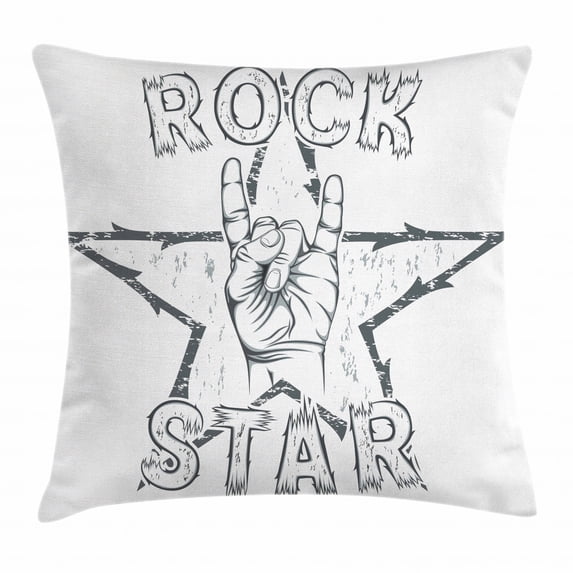 Popstar Party Throw Pillow Cushion Cover, Rock Star Theme High Sign and Star Figure Grungy Sketch Gesture Vintage, Decorative Square Accent Pillow Case, 18 X 18 Inches, Black and White, by Ambesonne
