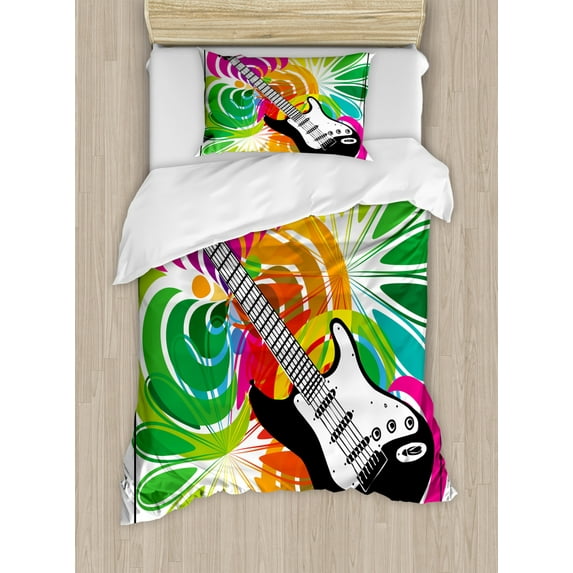 Popstar Party Twin Size Duvet Cover Set, Colorful Floral Abstract Framework with Electric Guitar Energetic Design, Decorative 2 Piece Bedding Set with 1 Pillow Sham, Multicolor, by Ambesonne