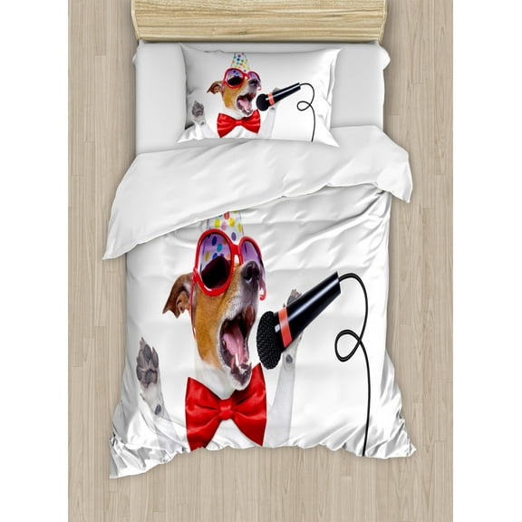 Popstar Party Twin Size Duvet Cover Set, Jack Russel Dog with Sunglasses Party Hat and Bowtie Singing Birthday Song, Decorative 2 Piece Bedding Set with 1 Pillow Sham, Multicolor, by Ambesonne
