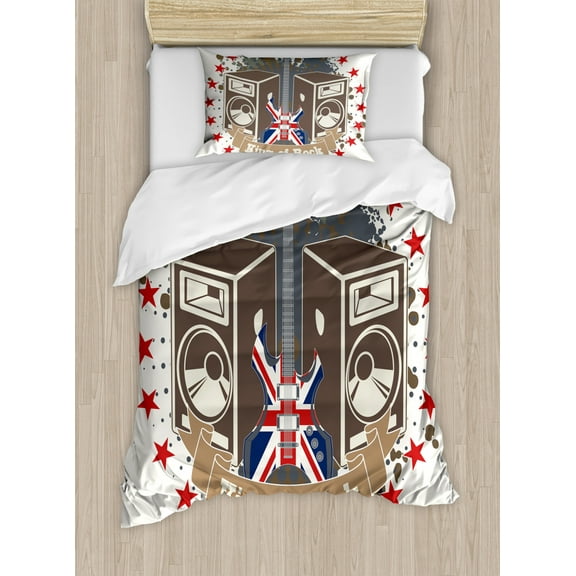 Popstar Party Twin Size Duvet Cover Set, King Rock Label with Speakers Stars and Electric Guitar with British Flag, Decorative 2 Piece Bedding Set with 1 Pillow Sham, Multicolor, by Ambesonne