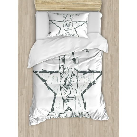 Popstar Party Twin Size Duvet Cover Set, Rock Star Theme High Sign and Star Figure Grungy Sketch Gesture Vintage, Decorative 2 Piece Bedding Set with 1 Pillow Sham, Black and White, by Ambesonne