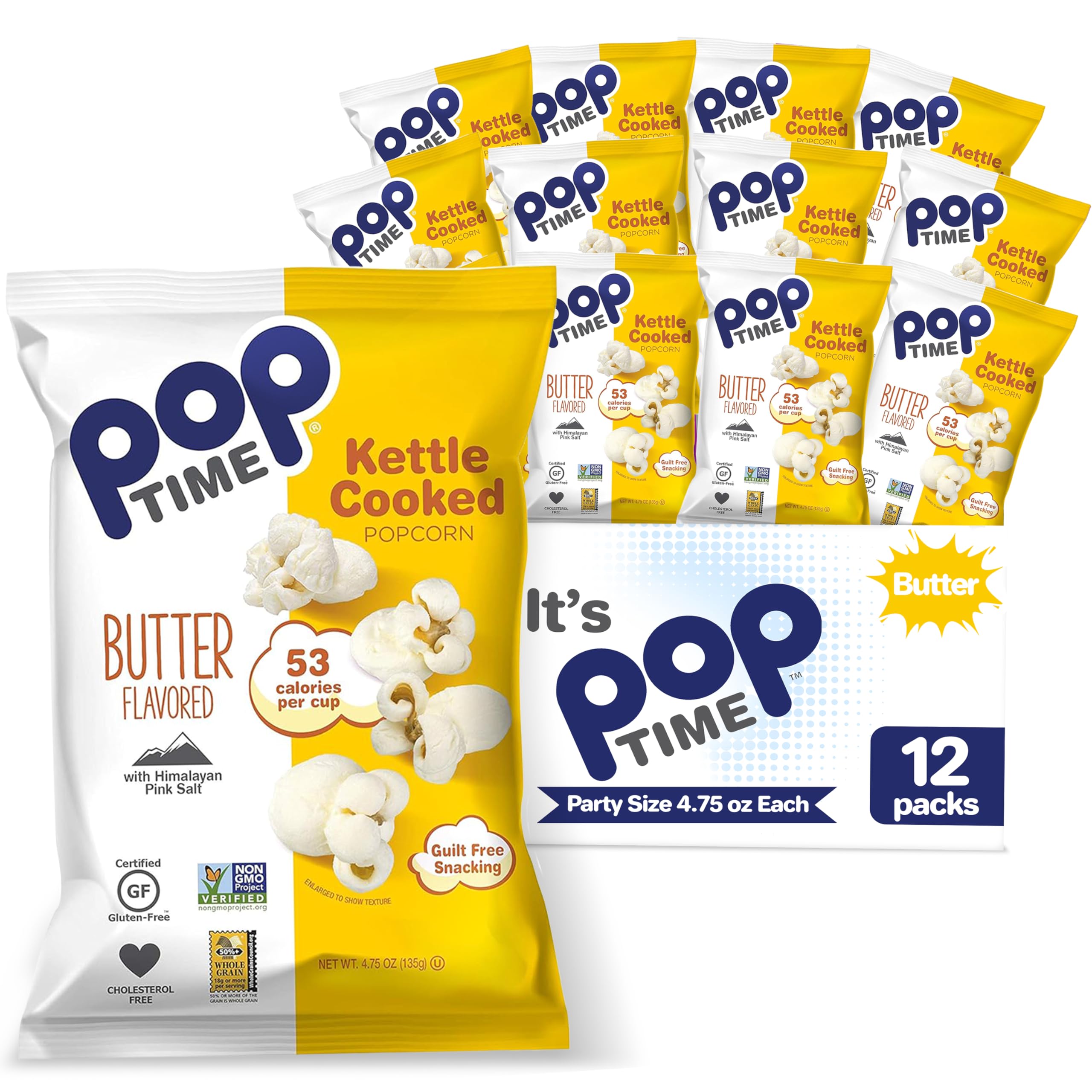 Poptime Kettle Cooked Popcorn Butter, 4.75oz Bags (Pack of 12), Non