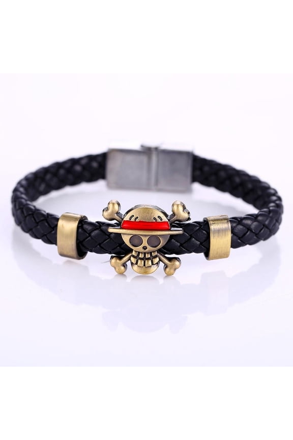 Popular Anime One Piece Luffy Straw Hat Pirates Flag Copper Braid Leather Bracelet