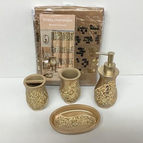 Popular Bath 5 Piece Sinatra GOLD Shower Curtain and Resin Bath Accessories Set