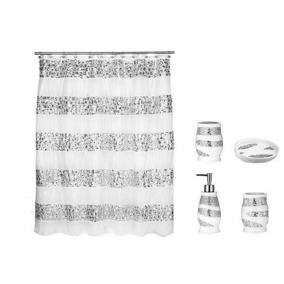 Popular Bath 5 Piece Sinatra WHITE Shower Curtain and Resin Bath Accessories Set