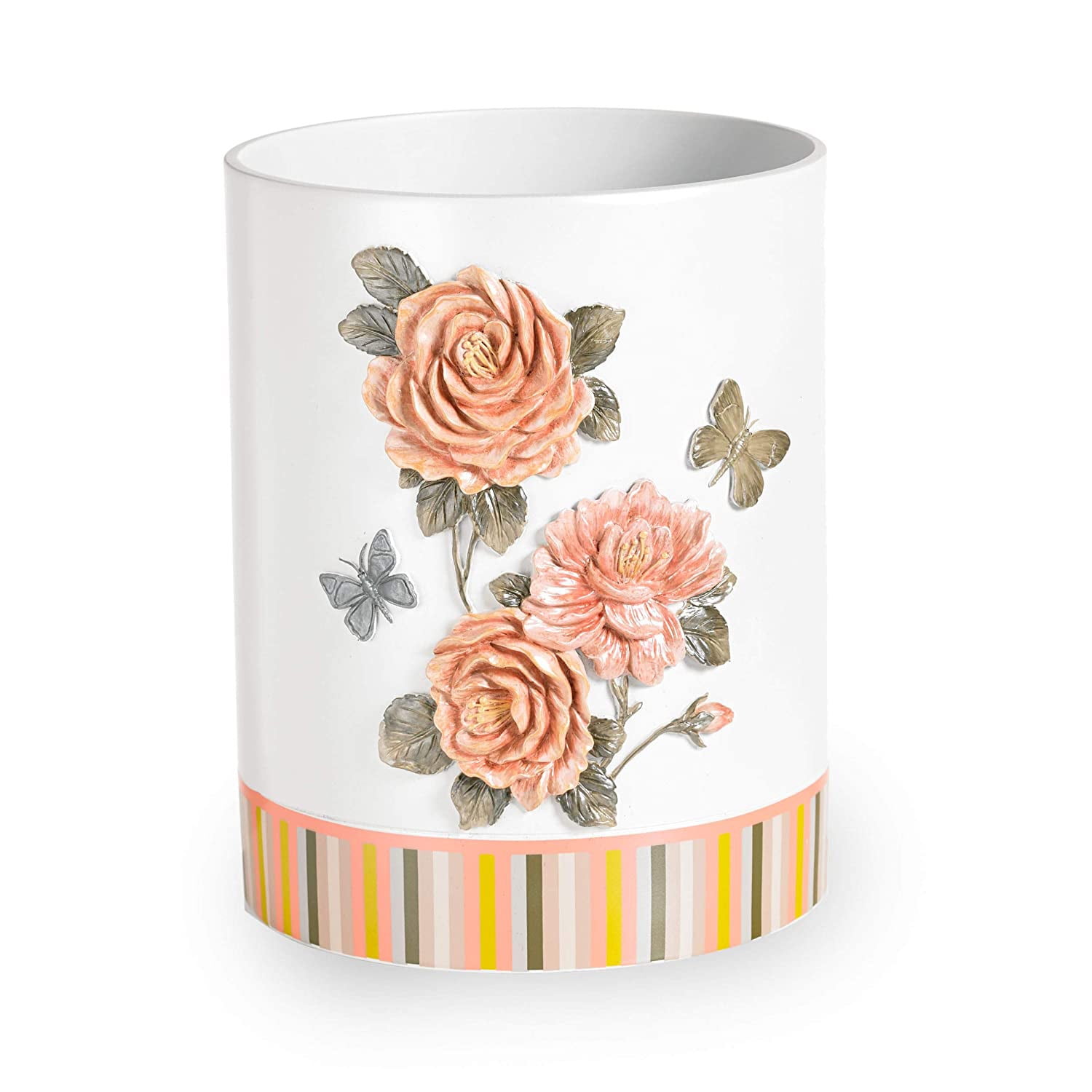 Peach and Off-White Resin Floral Open-Top Waste Basket, 3 Gallons