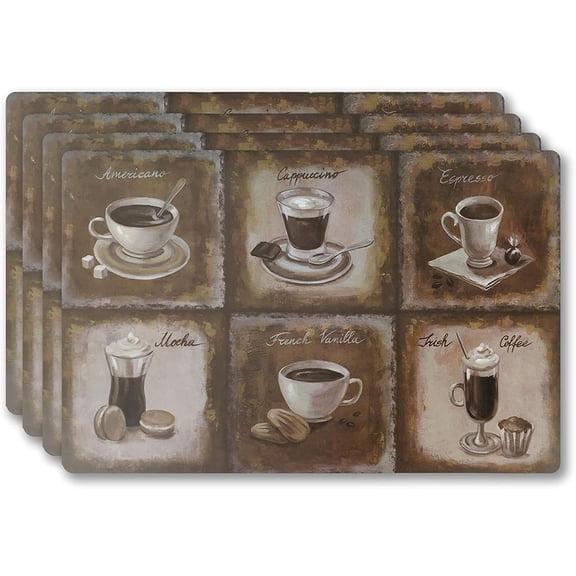 Popular Bath Home Coffee Time Plastic Placemats Set of 4, Wipeable Decorative Dining Table Mats, Heat Resistant Table Protectors, 18 x 13 Inch