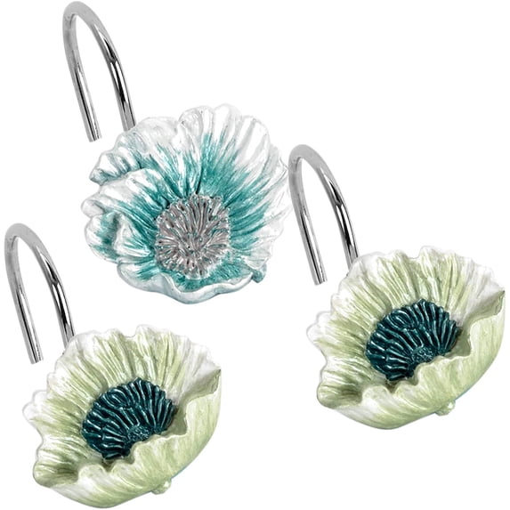 Popular Bath Shower Curtain Hooks, Poppy Fields Collection, Set of 12, Aqua