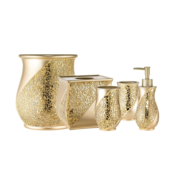 Popular Bath Sinatra Bath Accessory 5-Piece Set Soap Pump, Toothbrush, Tumbler, Waste Box and Tissue Box (Gold)