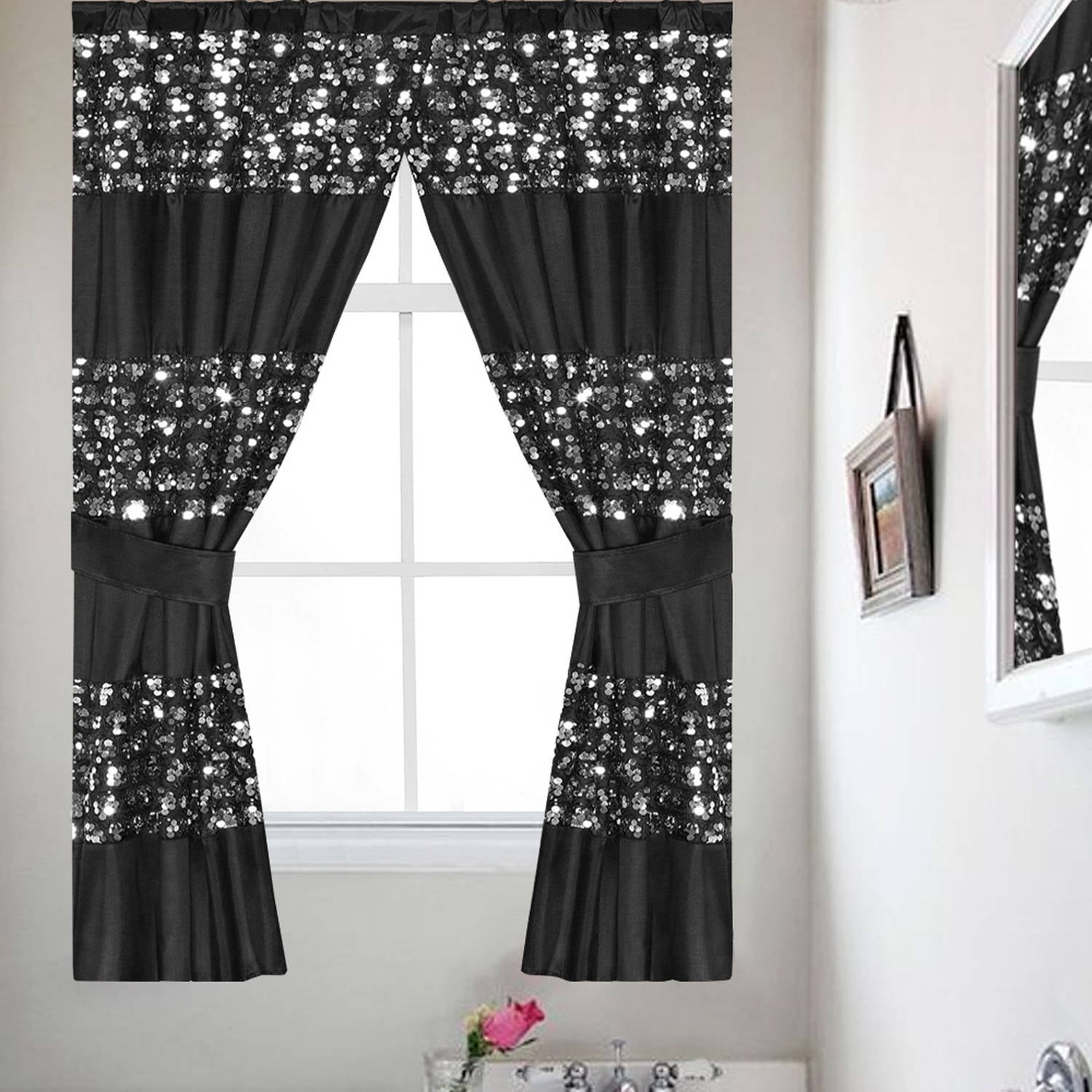 Popular Bath Sinatra Black Collection Bath Window Curtain Set with ...