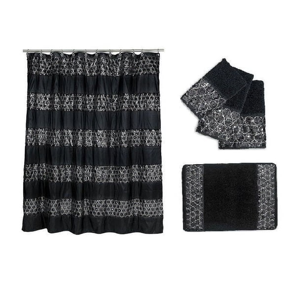 Popular Bath Sinatra Black Shower Curtain Rug and 3 Piece Towel Set