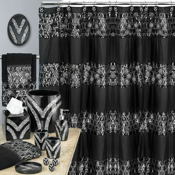 Popular Bath Sinatra Black, Shower Curtain, Shower Hooks, Basket, Tissue, Cup, Soap Dish, Toothbrush, Lotion, 8 Piece Set