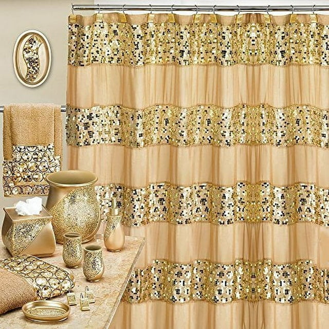 Popular Bath Sinatra Champagne and Gold 8 Piece Shower Curtain and Resin Wastebasket Set