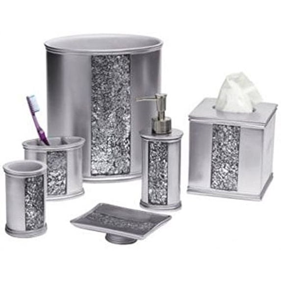 Popular Bath "Sinatra Silver" 6 Piece Resin Bath Accessory Set, Cracked Glass