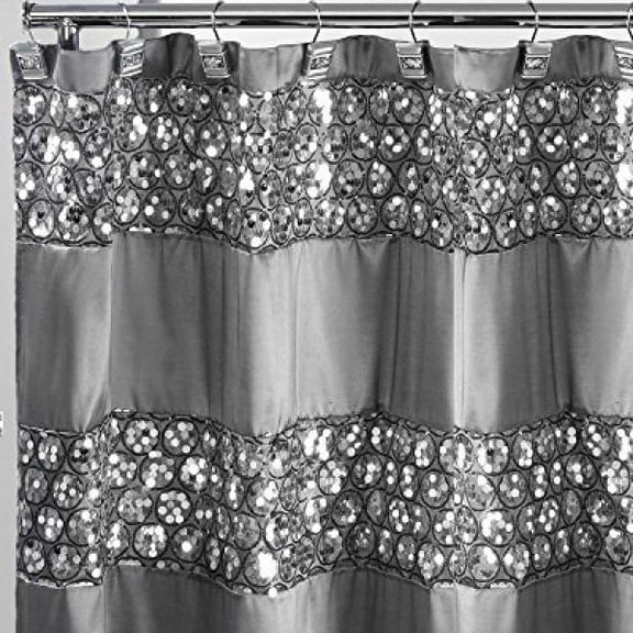 Popular Bath Sinatra Silver 70 x 72 Bathroom Fabric Shower Curtain & Hook Set