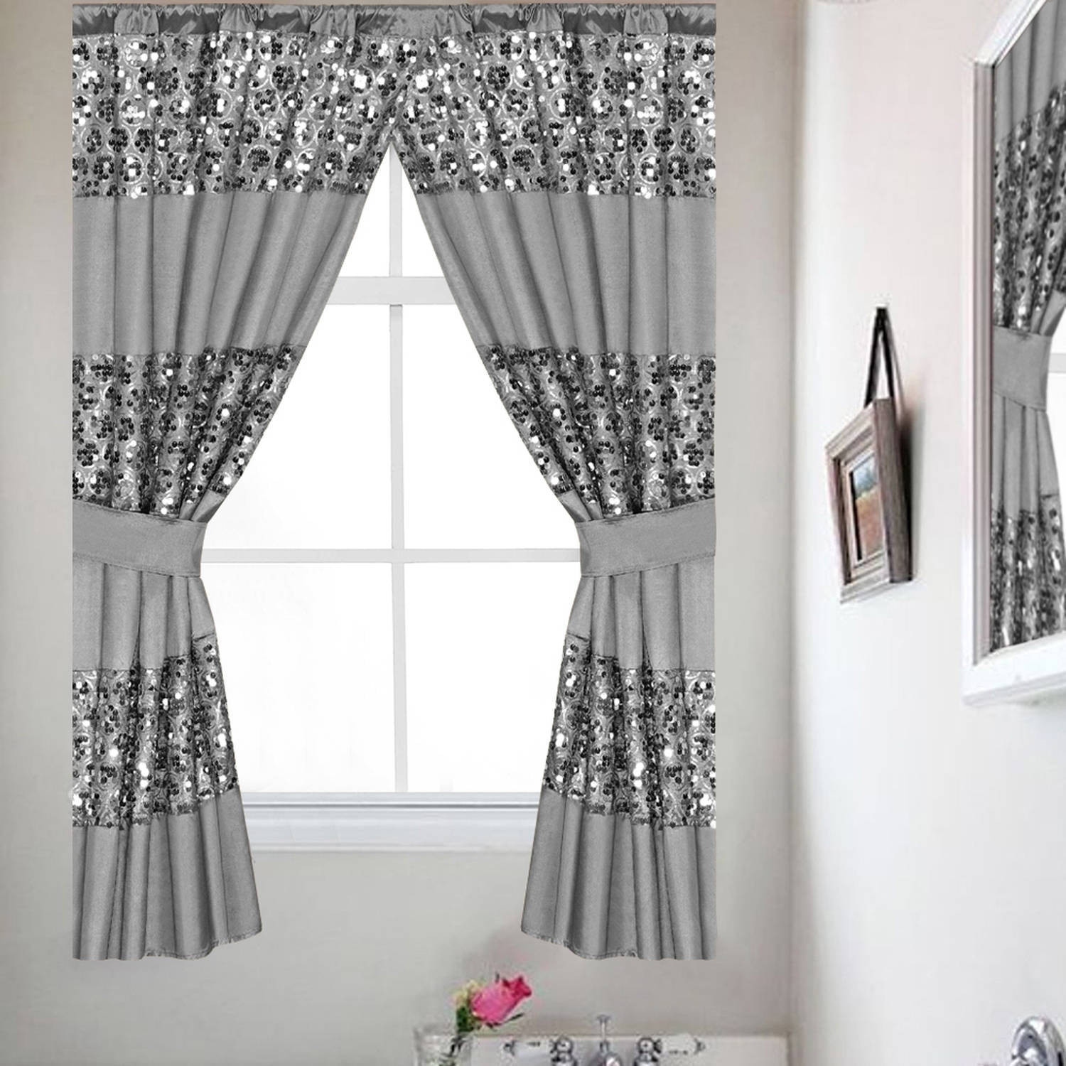Popular Bath Sinatra Silver Collection Bath Window Curtain Set with