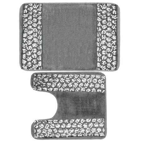 Popular Bath Sinatra Silver Collection Bathroom Banded Bath & Contour Rug Set