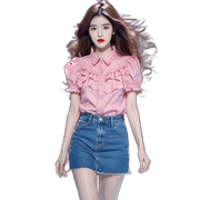 Popular Beautiful Small Shirt Korean Temperament Unique And Unique Shirt Reduction Pink Short -Sleeved Shirt Pink L
